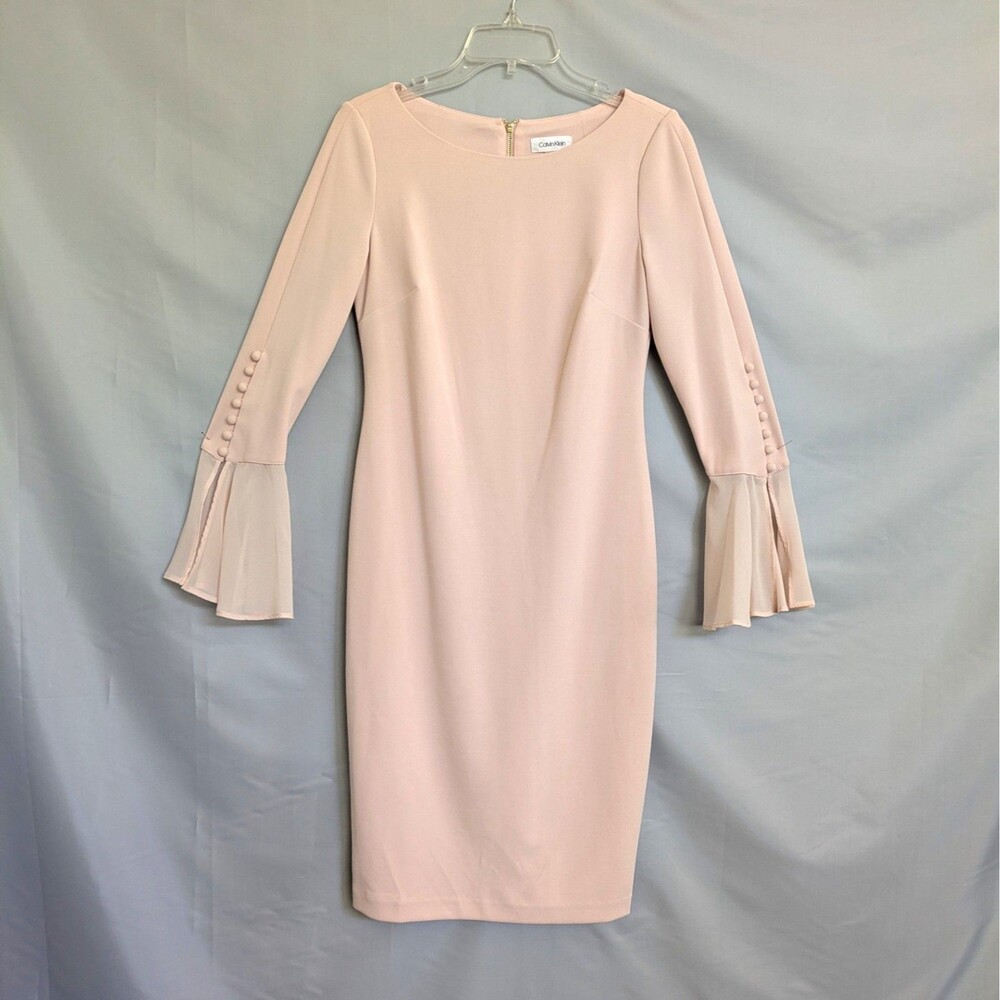 Calvin Klein Blush Pink Chiffon Bell Sleeve Sheath Dress Size 6 Button Detail - Picture 3 of 15